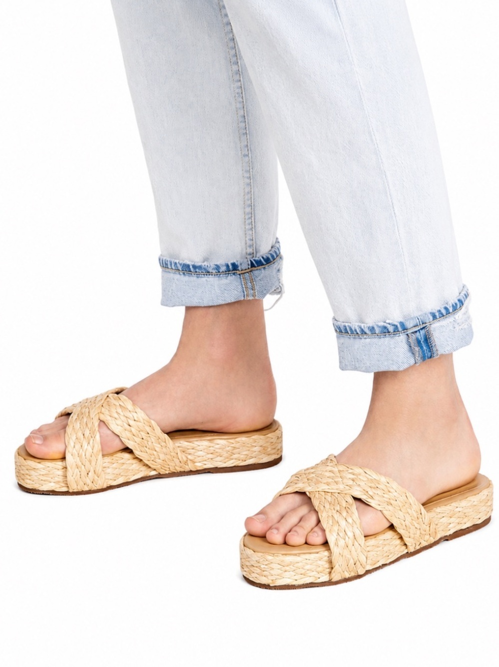 Kaanas Inagua Natural Raffia Crisscross Platform Slide Sandals Size 9 Like New!